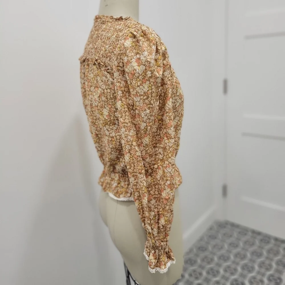 American Eagle Boho Floral Smock Detail Tie Neck Longsleeve Blouse Size S - Picture 11 of 11